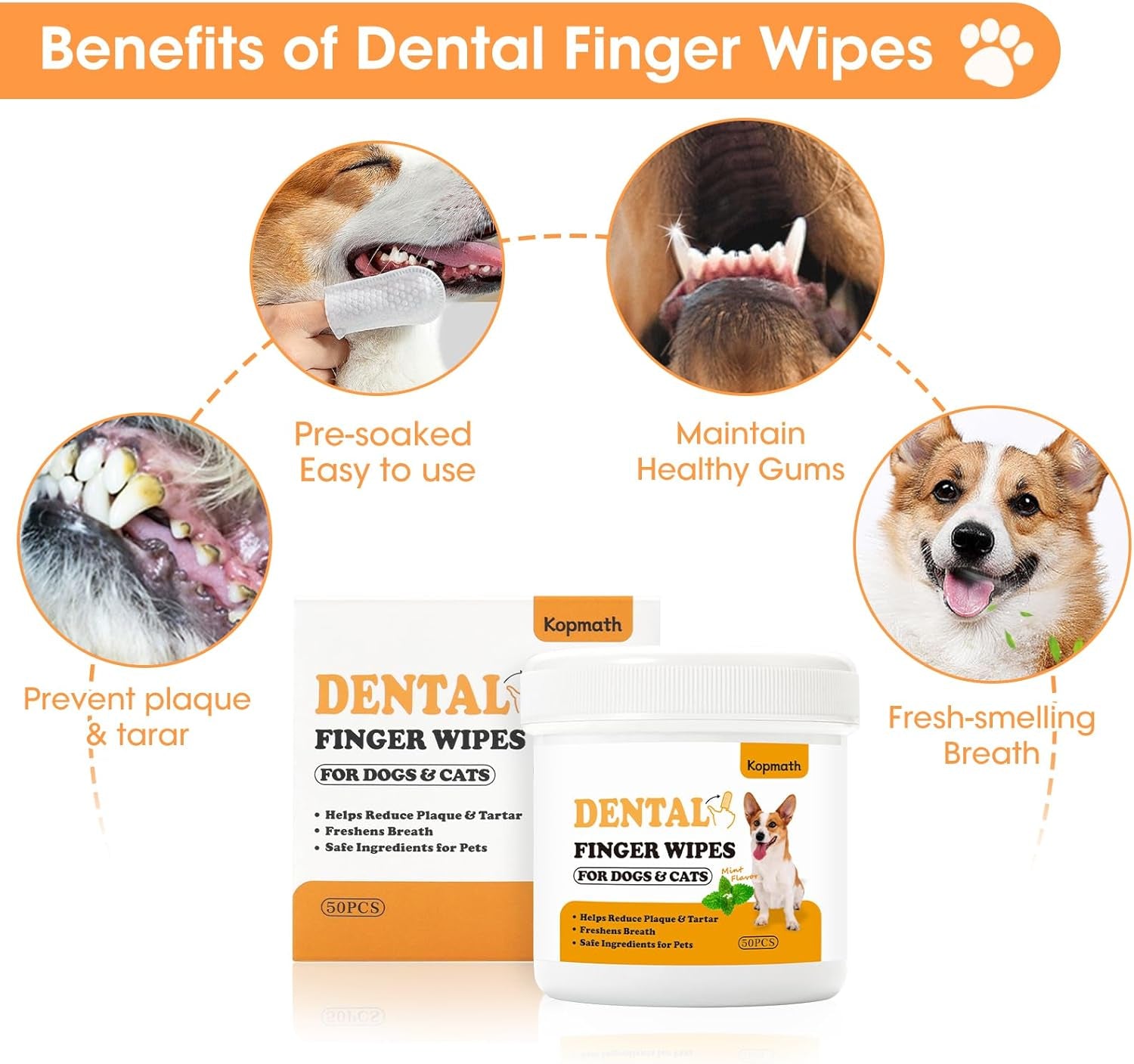 Dog Teeth Cleaning Wipes, Wider Dog Dental Wipes for Teeth, Reduce Plaque & Tartar, Freshen Breath,Safe& Natural Pet Dental Finger Wipes for Dogs Cat, Dog Tooth Wipes Finger,50 Ct, Mint Flavor