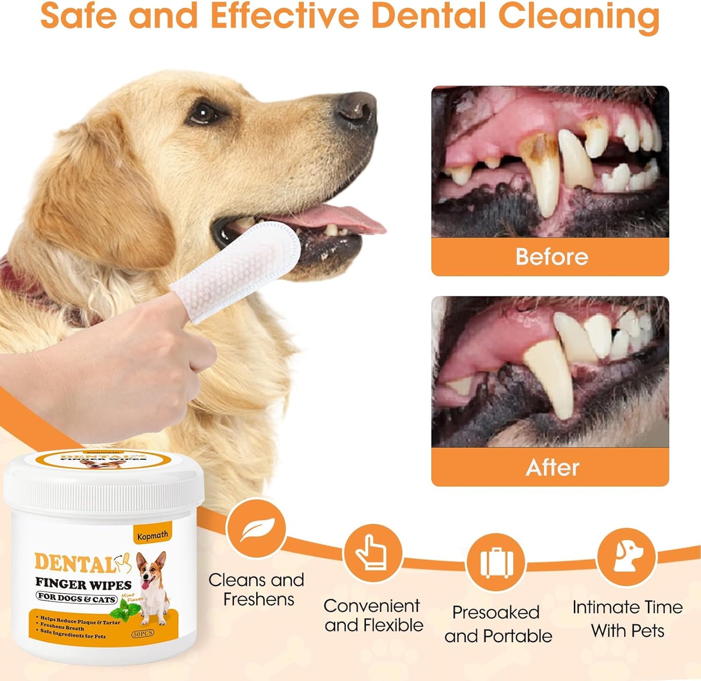 Dog Teeth Cleaning Wipes, Wider Dog Dental Wipes for Teeth, Reduce Plaque & Tartar, Freshen Breath,Safe& Natural Pet Dental Finger Wipes for Dogs Cat, Dog Tooth Wipes Finger,50 Ct, Mint Flavor